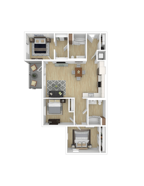 Floor plan for 3 beds, 2 baths, 1233 sqft